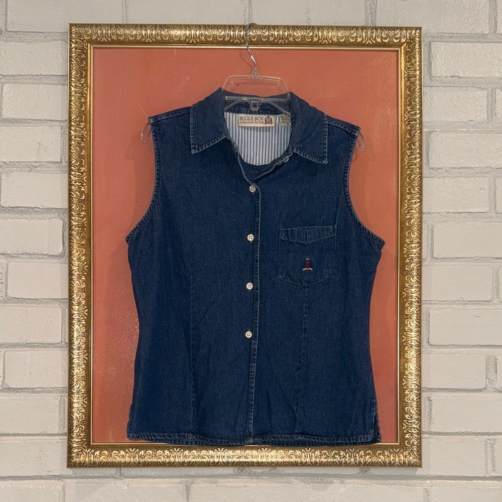 Vintage 90s Denim Sleeveless Button-Up Collared Vest Top 100% Cotton